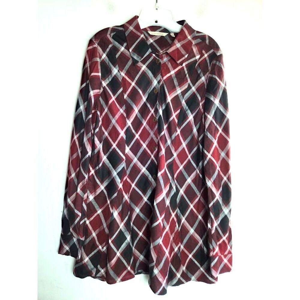 Soft Surroundings Red Black Grey Plaid Wool Blend Button Up Tunic Blouse Large